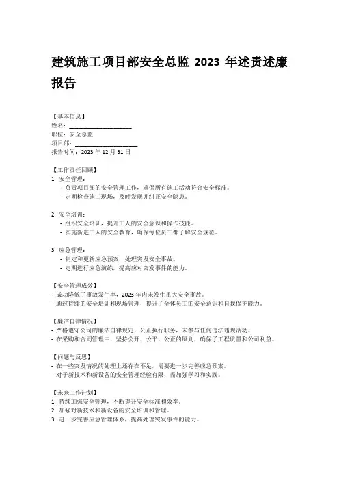 建筑施工项目部安全总监2023年述责述廉报告