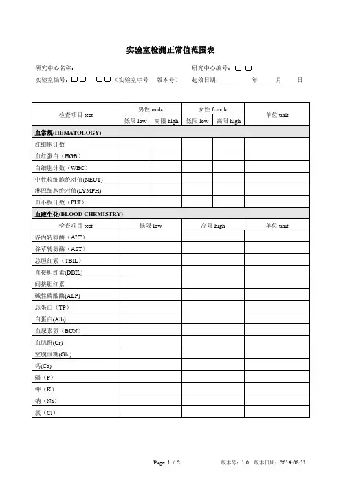 实验室正常值范围模板