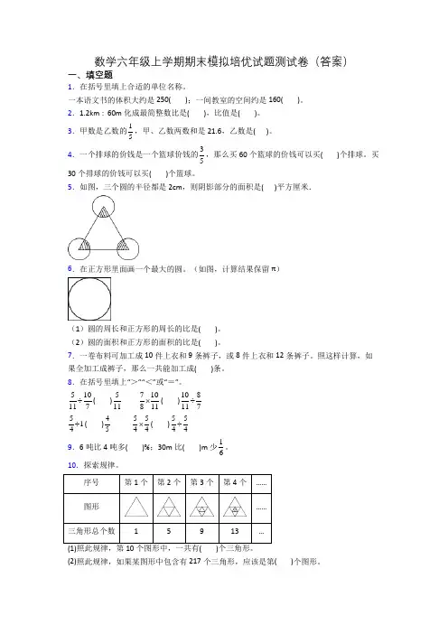 数学六年级上学期期末模拟培优试题测试卷(答案)