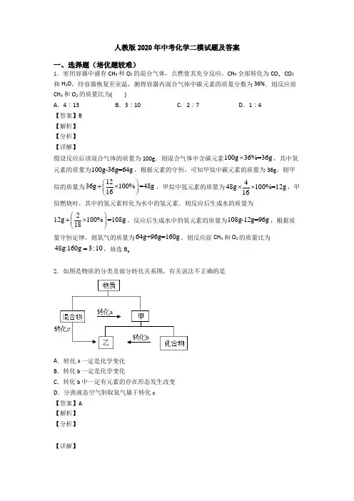 人教版2020年中考化学二模试题及答案