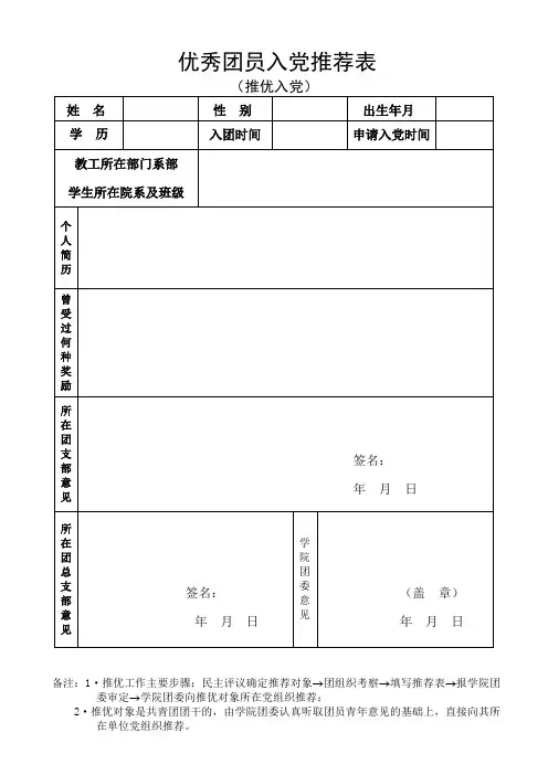 优秀团员入党推荐表