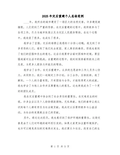 2025年灾后重建个人总结范例（3篇）