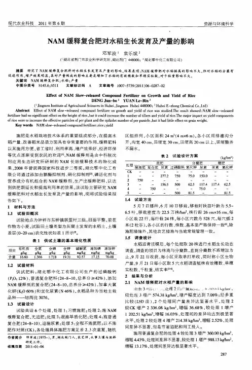 NAM缓释复合肥对水稻生长发育及产量的影响