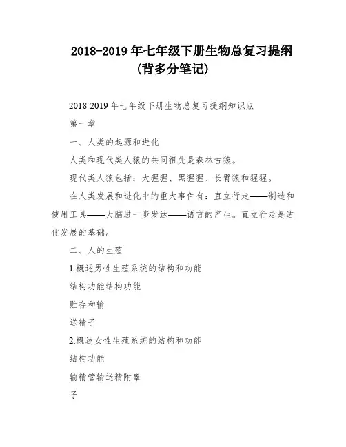 2018-2019年七年级下册生物总复习提纲(背多分笔记)