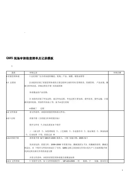 QMS现场审核检查清单及记录模板