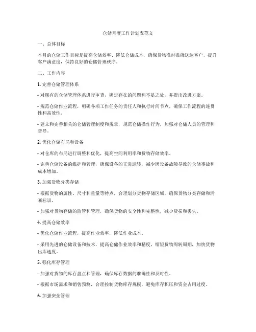 仓储月度工作计划表范文