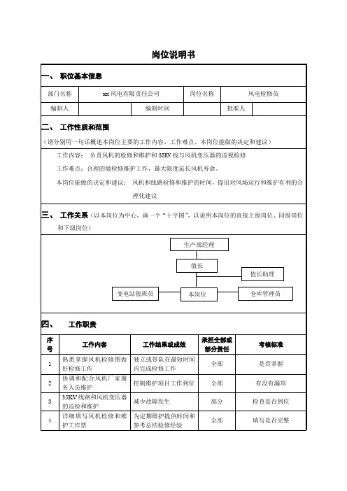 风电公司风电检修员岗位说明书