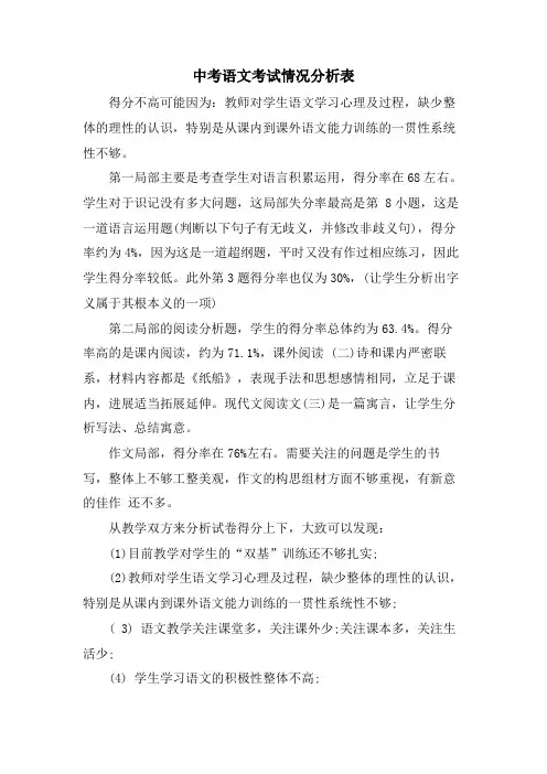 中考语文考试情况分析表