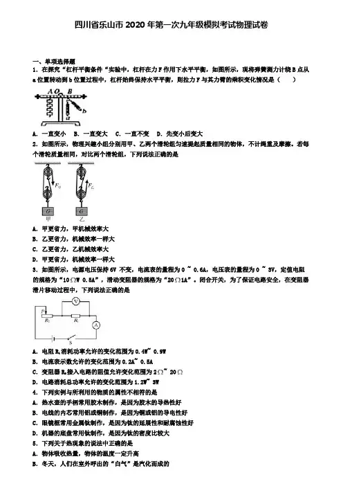 四川省乐山市2020年第一次九年级模拟考试物理试卷