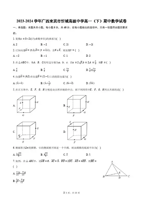 2023-2024学年广西来宾市忻城高级中学高一(下)期中数学试卷(含解析)