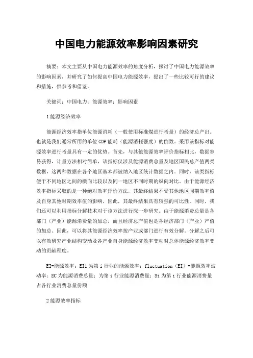 中国电力能源效率影响因素研究