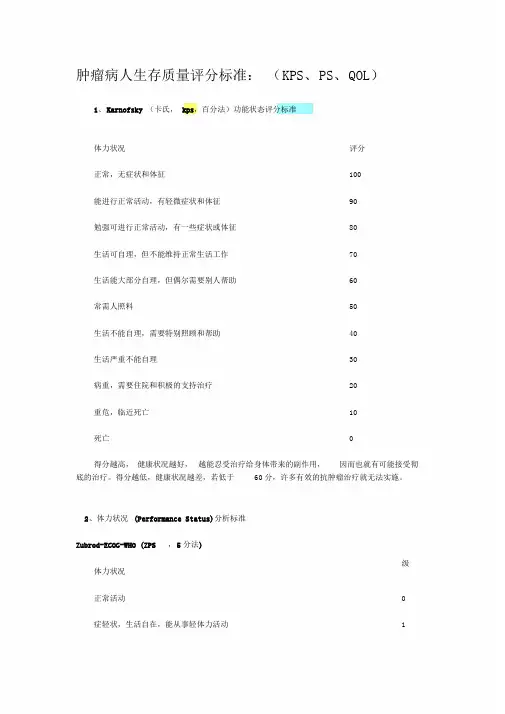 最全肿瘤病人评分标准(PS、KPS、QOL、ECOG).doc