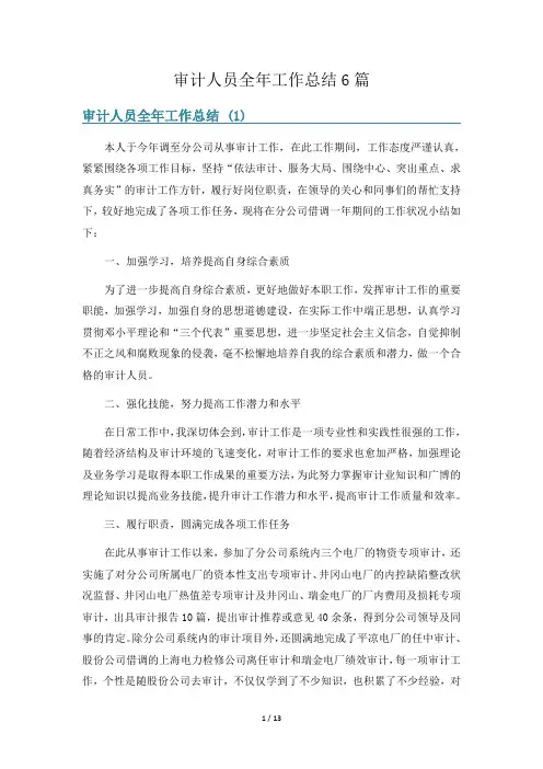 审计人员全年工作总结6篇