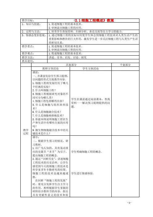 2.1细胞工程概述   教案   苏教版选修3