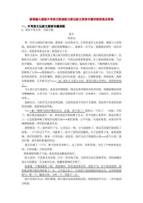 新部编人教版中考语文配套练习册记叙文阅读专题训练答案及答案