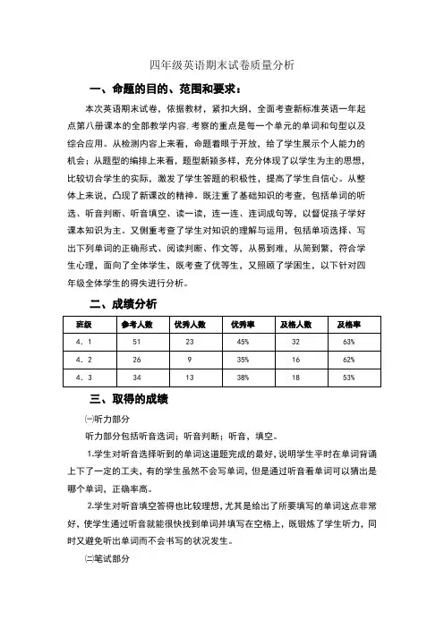 四年级英语期末试卷质量分析