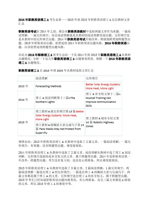 2016年职称英语理工A考生必看——2013年到2015年职称英语理工A出自教材文章汇总