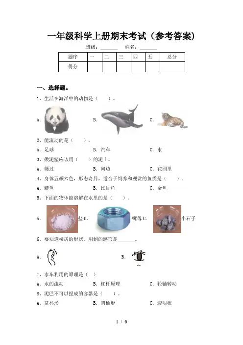 一年级科学上册期末考试(参考答案)