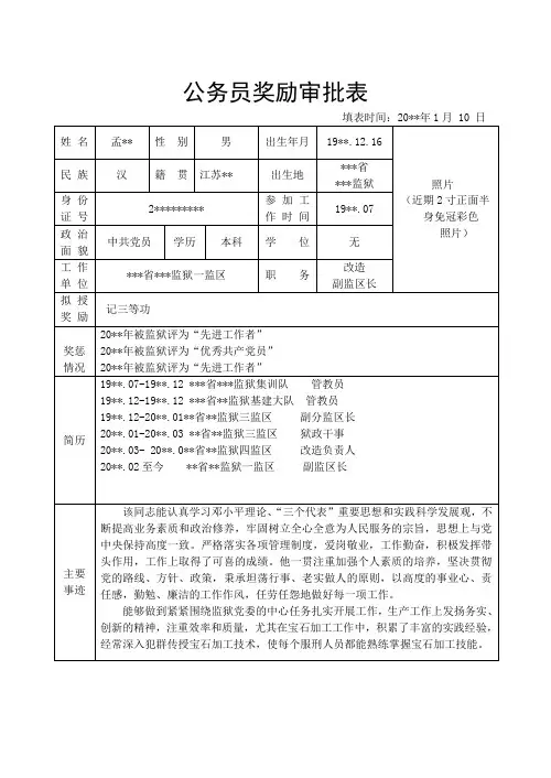 公务员奖励审批表(模板)