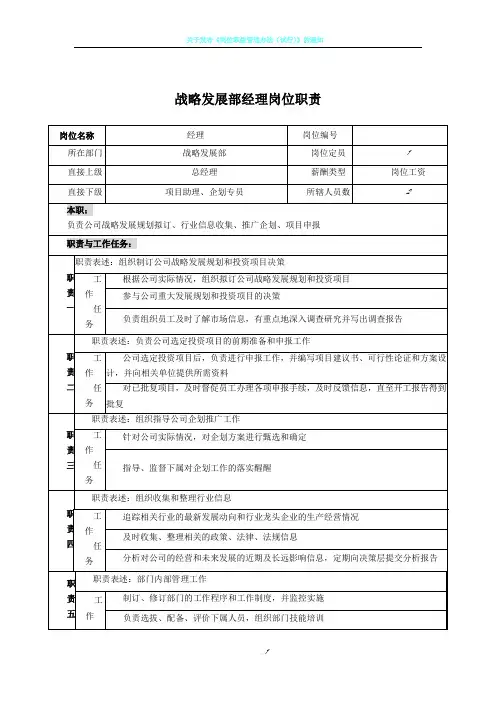 战略发展部经理岗位说明书