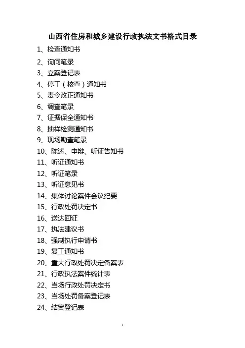 山西省住房和城乡建设行政执法文书格式目录