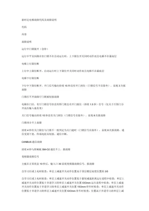 新时达电梯故障问题代码及故障问题说明