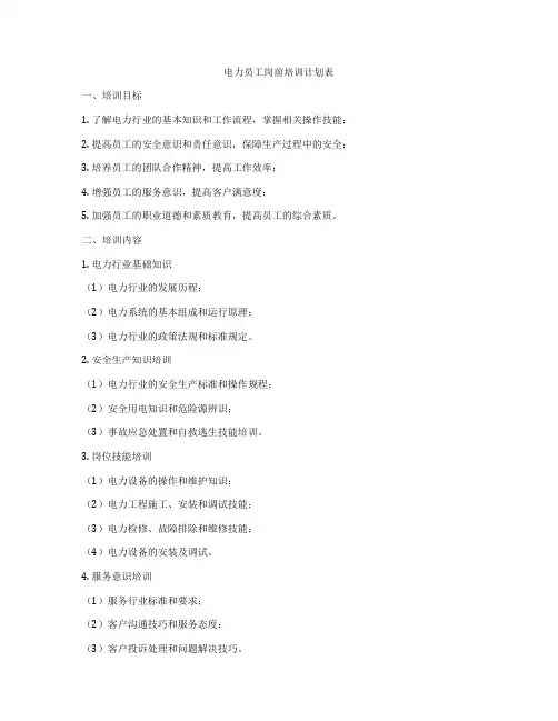 电力员工岗前培训计划表