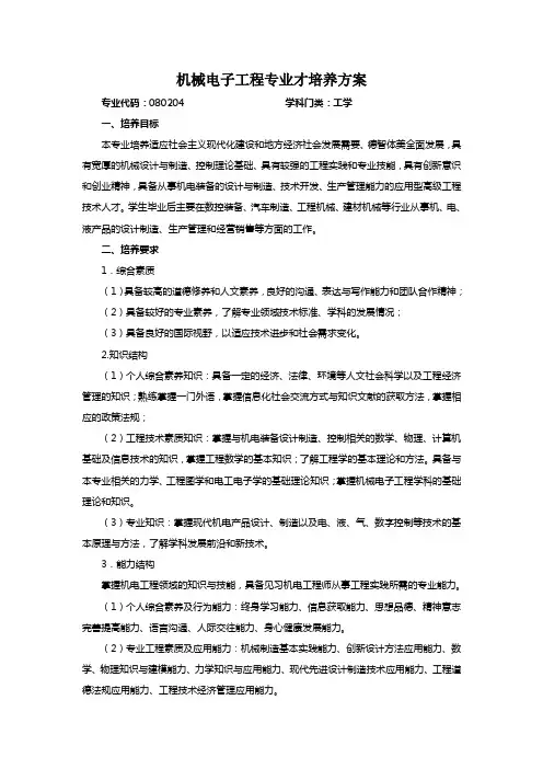 机械电子工程专业(2013)人才培养方案(0710)