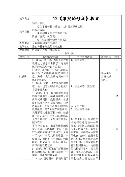四年级下册科学教案 - 12.《果实的形成》  首师大版