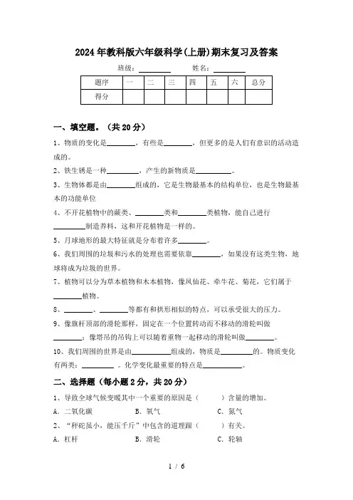 2024年教科版六年级科学(上册)期末复习及答案