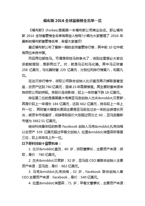 福布斯2016全球富豪榜全名单一览
