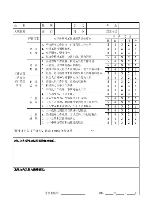 管理培训生月度跟踪考评表