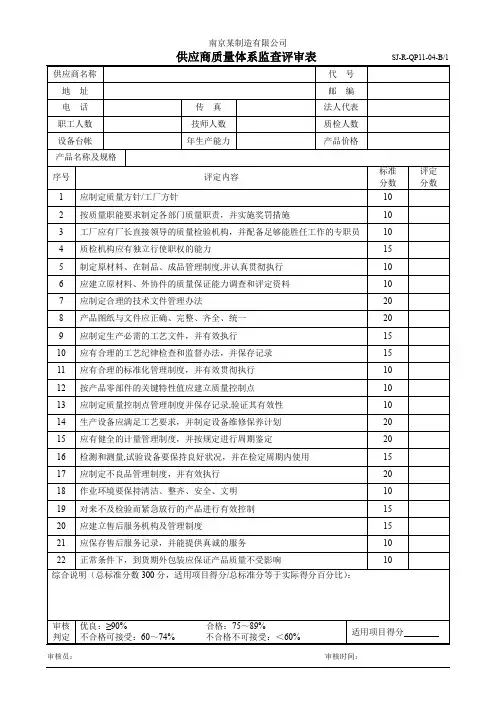 供应商质量体系监查评审表