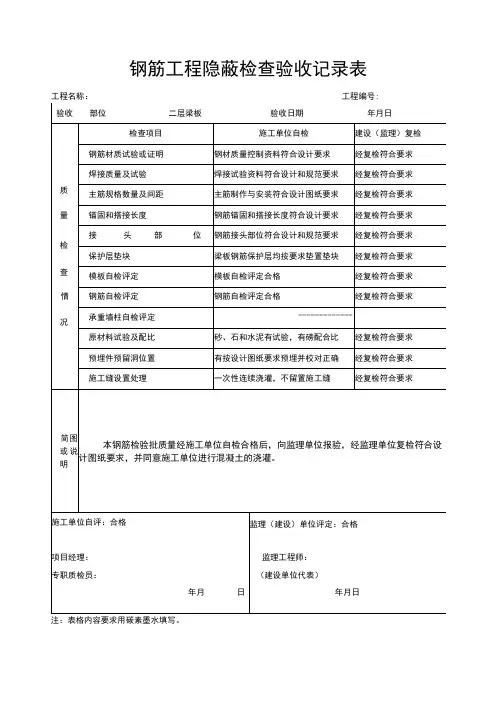 二层梁板钢筋工程隐蔽检查验收记录表