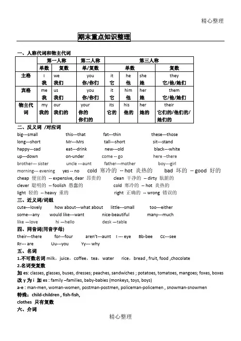 苏教版译林英语小学四年级重点知识
