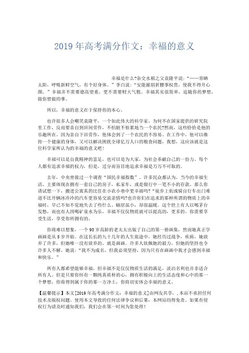 高中作文 2019年高考满分作文：幸福的意义-精品