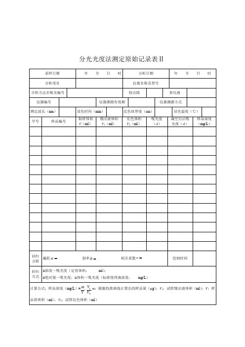 分光光度法测定原始记录表Ⅱ