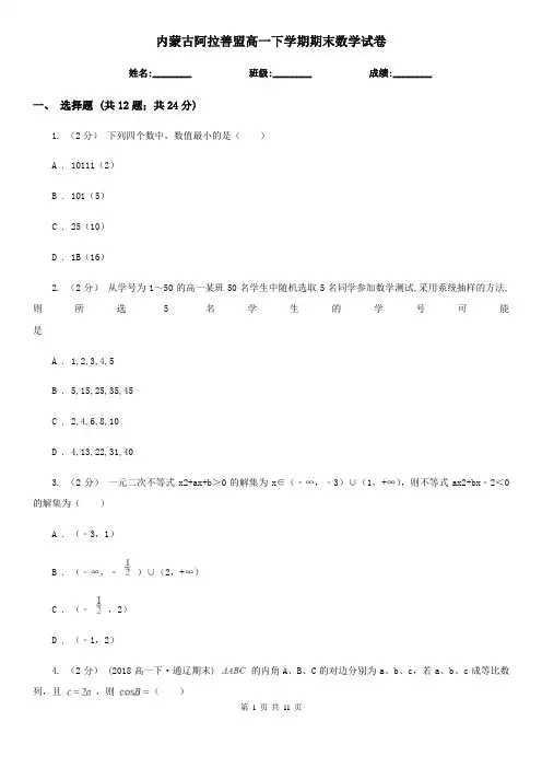 内蒙古阿拉善盟高一下学期期末数学试卷 