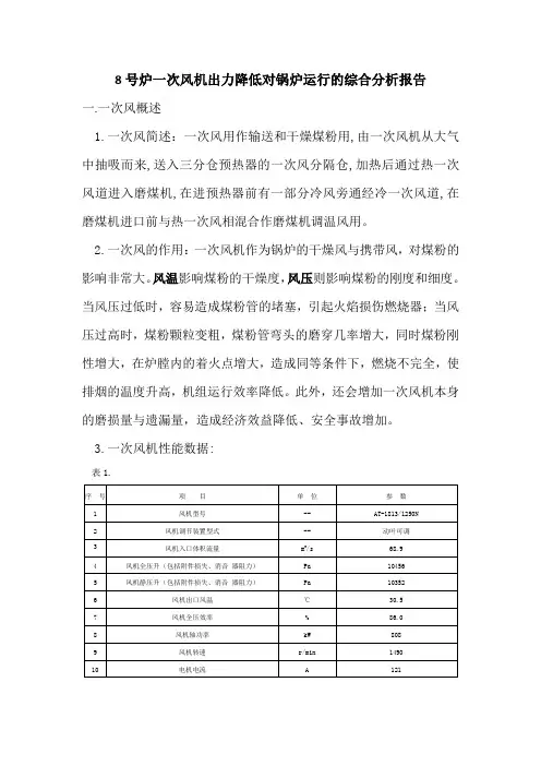8号炉一次风机出力降低对锅炉运行的综合分析报告(宋颉)