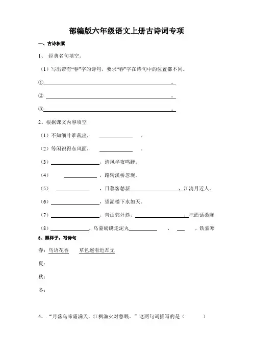 古诗词专项(试题)部编版六年级语文上册