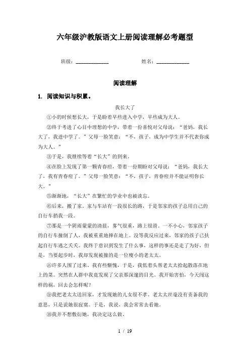 六年级沪教版语文上册阅读理解必考题型