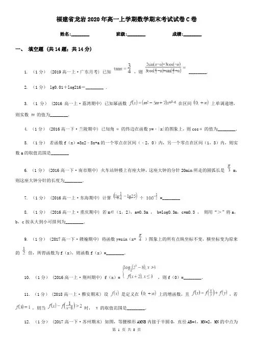 福建省龙岩2020年高一上学期数学期末考试试卷C卷