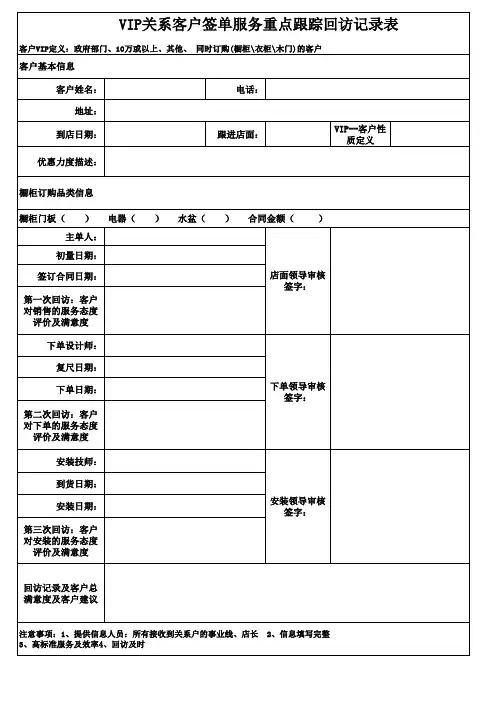 VIP关系客户签单服务重点跟踪回访记录表