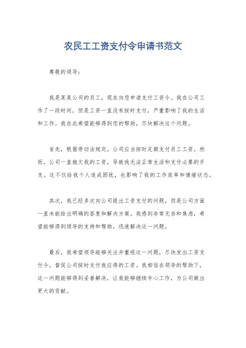 农民工工资支付令申请书范文