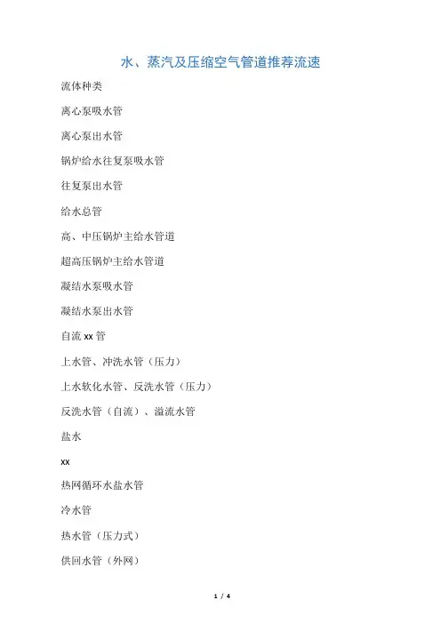 水、蒸汽及压缩空气管道推荐流速