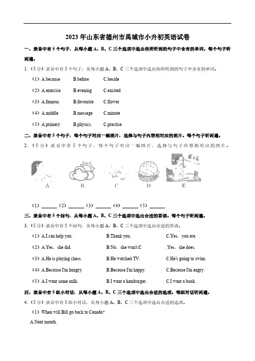 山东省德州市禹城市2023年小升初英语试卷(含解析,含听力原文,无音频)