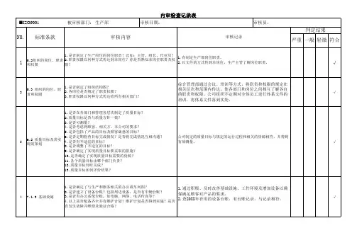 ISO9001内审检查记录表(审核对象：生产部)