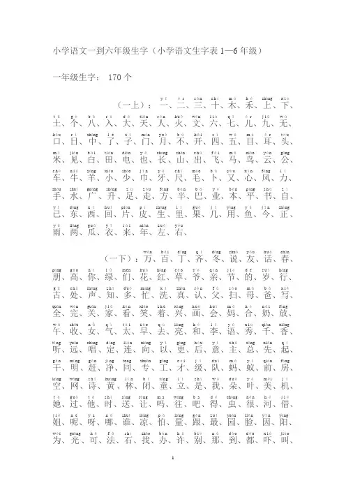 人教版语文一到六年级生字表