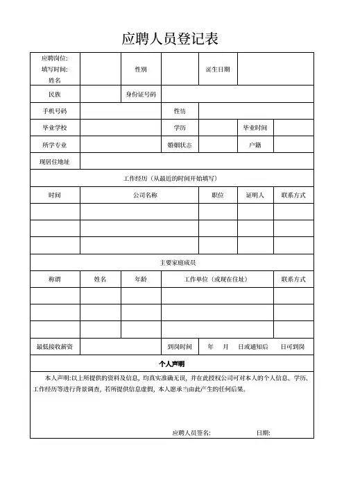 应聘人员个人信息登记表