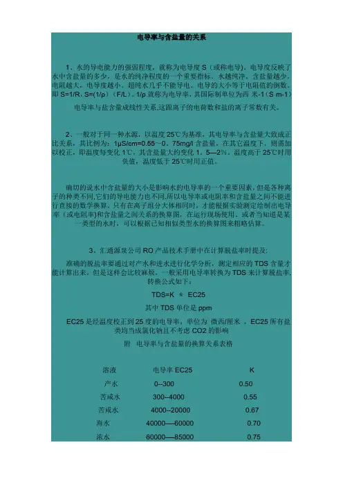 TDS和电导率及含盐量的关系(可速查)
